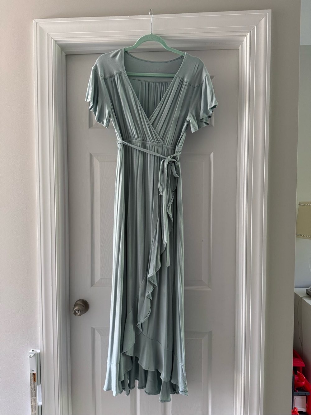 Light Blue Maternity Wrap Maxi Dress with Ruffle Detail